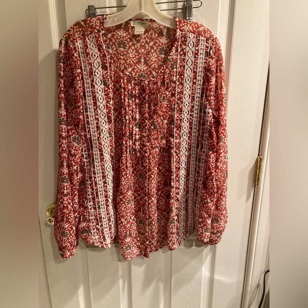 Lucky Brand blouse with embroidery.  Reddish color and brown.  Size large​